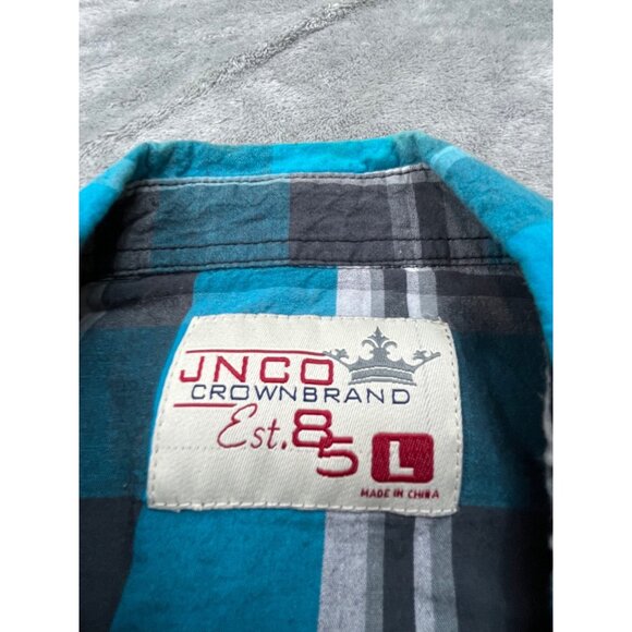JNCO Crown Brand Mens Large Turquoise Plaid Button-Up Shirt Grunge Y2K Rapper - Picture 3 of 10